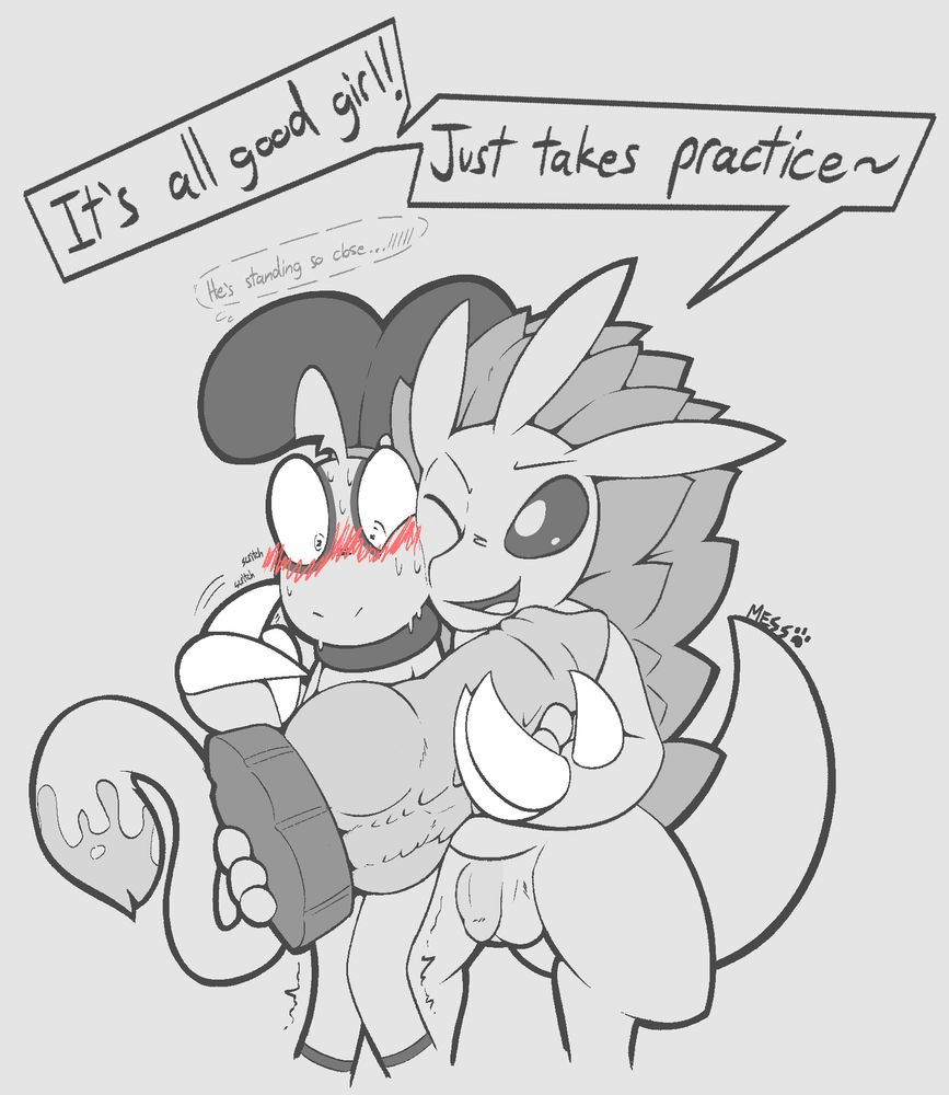 Sandslash leaning on a massively flustered Mess and scritching their cheek with his claw while they hold a huge dildo.
The text reads:
 - "It's all good girl! Just takes practice~"
 - "He's standing so close.../////"