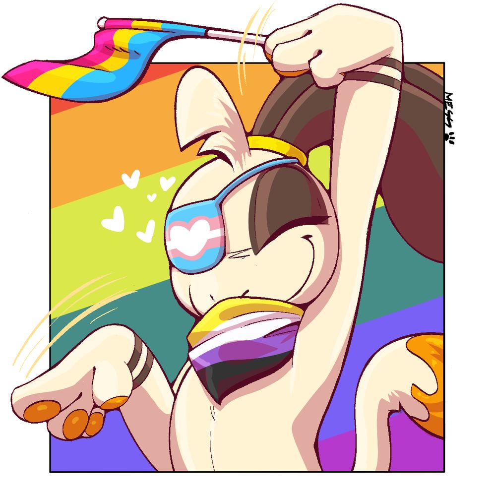 Mess limp wristing while holding a pansexual flag and wearing a transgender eyepatch and nonbinary bandanna.