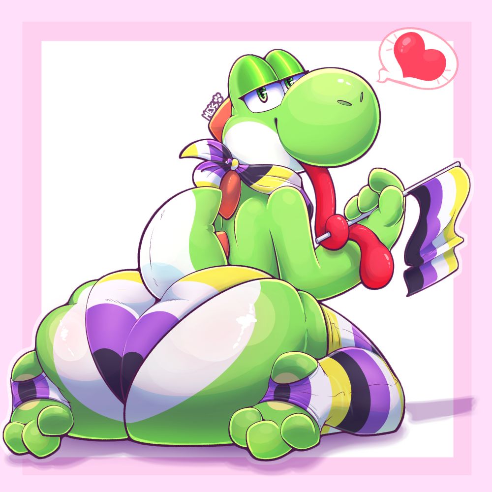 Yoshi with a huge ass looking back at the viewer as they curl their long tongue around the pole of the flag they are holding. They are wearing a bandanna, leggings and underwear and holding a flag all colored with the Nonbinary Pride colors.