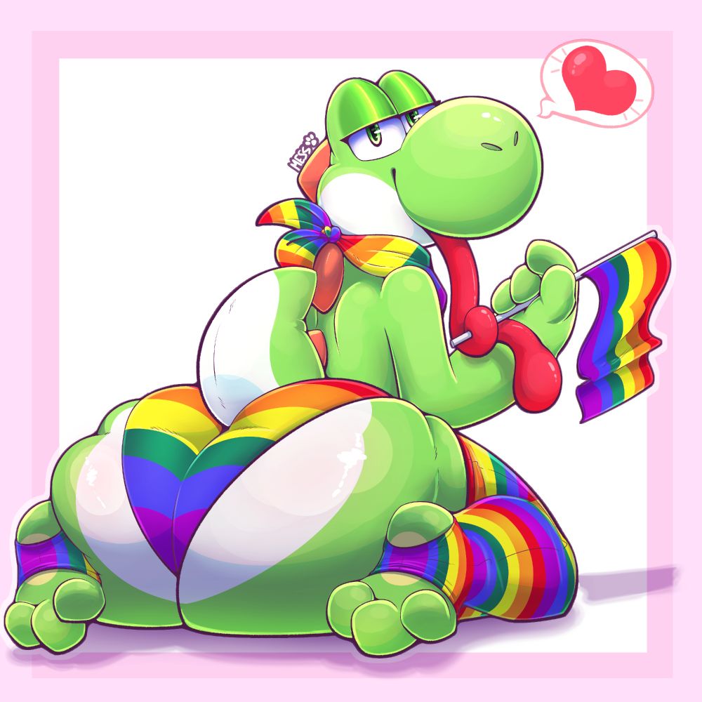Yoshi with a huge ass looking back at the viewer as they curl their long tongue around the pole of the flag they are holding. They are wearing a bandanna, leggings and underwear and holding a flag all colored with the Gay Pride colors.