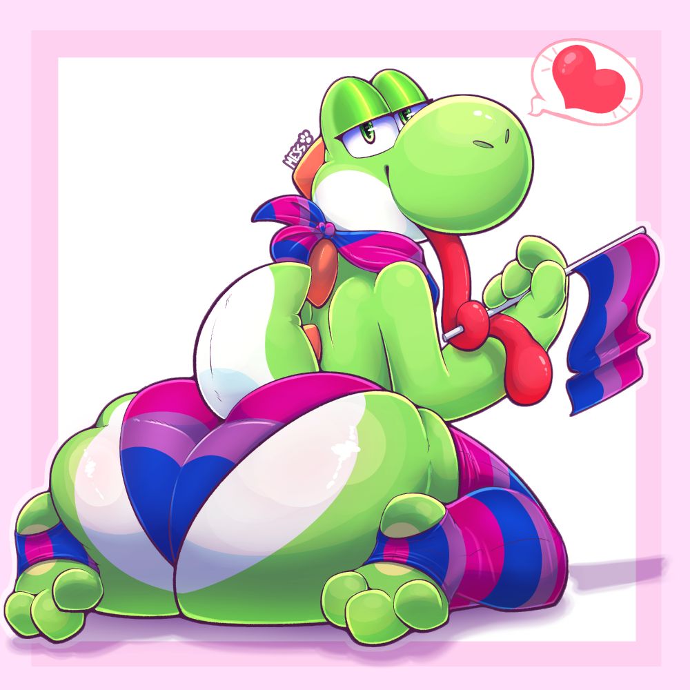 Yoshi with a huge ass looking back at the viewer as they curl their long tongue around the pole of the flag they are holding. They are wearing a bandanna, leggings and underwear and holding a flag all colored with the Bi Pride colors.
