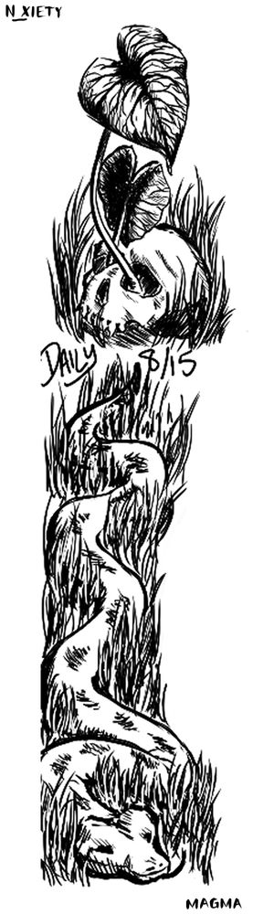 Tropical looking leaves grow out of the eye sockets of a skull towards the heavens. 
A snake slithers towards the viewer through thick grass