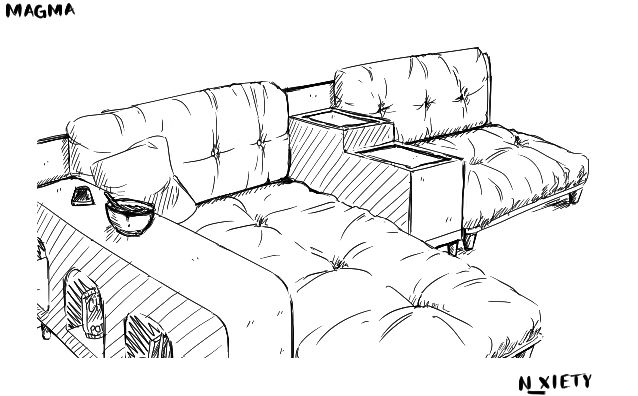 Furniture sits in a room with enough space for one person to lay/ lounge on one side of the couch and space for another to sit comfortably on the other side. There is shelving along the left side for chips, books, and other knick knacks should one desire