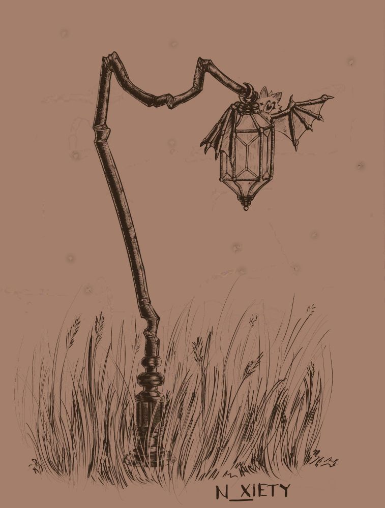 The grass is overgrown and probably above knee length, but on a severely bent lamp post a bat can be seen waving hello to you