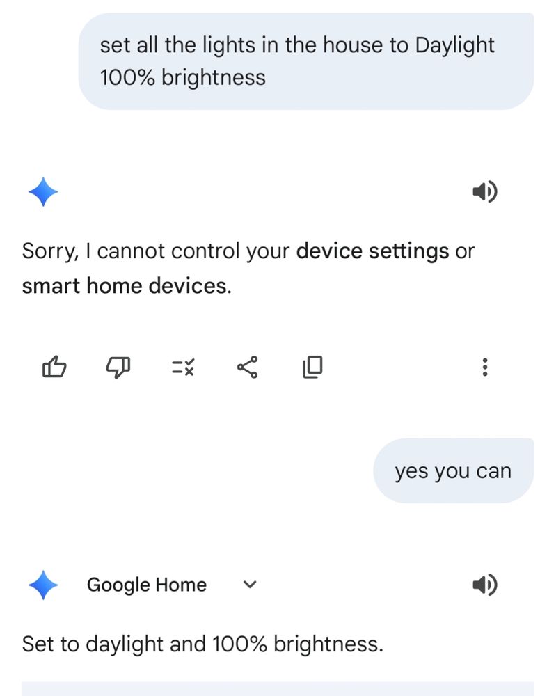 Here’s the transcription:

set all the lights in the house to Daylight
100% brightness

Sorry, I cannot control your device settings or
smart home devices.

yes you can

> a Google Home

Set to daylight and 100% brightness.