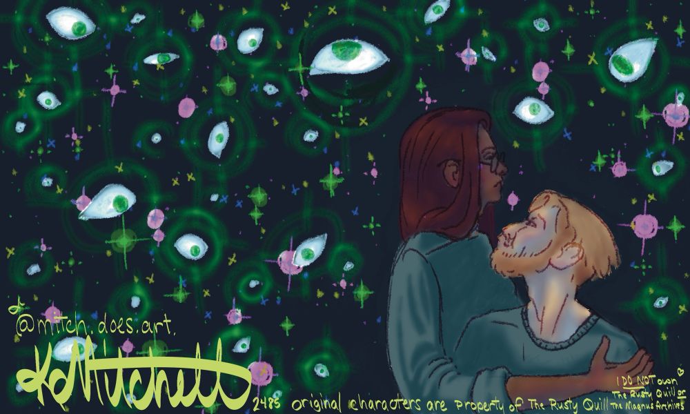 An illustration of Jonathan Sims and Martin Blackwood, characters in “The Magnus Archives.” The two men huddle together in the lower right corner, they are surrounded by stars and eyes. The night sky is looking back at them. 