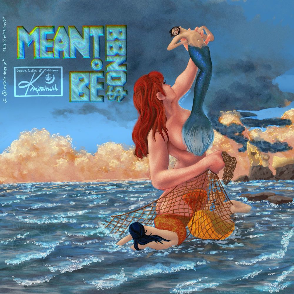 Inspired by the style of Blanche Monet (1865-1947), a goddess rises from the sea holding in her hand a fishing net. Ensnared in the net are Charlie and Gravy as mermen. In the goddess’s other hand, she holds BBNO$ as a merman lifted above her head. 