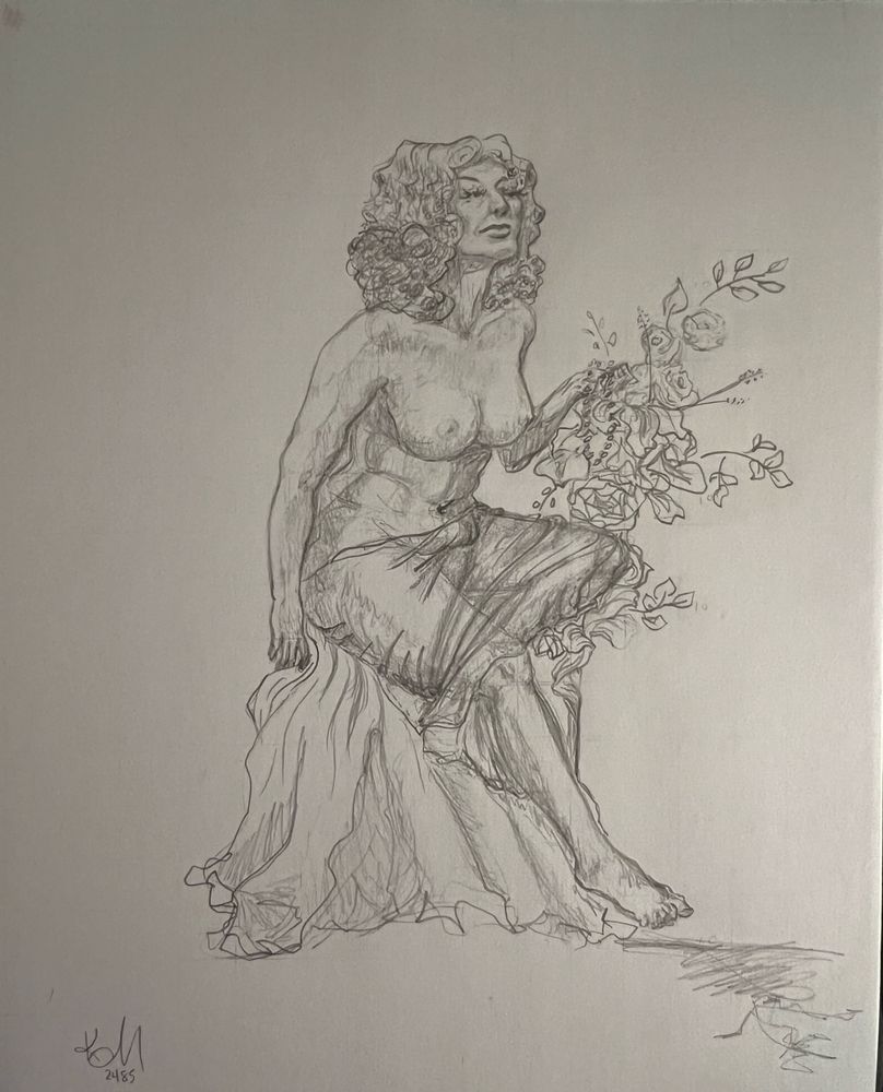 A pencil drawing of a nude woman, her hair is curly, a gauzy fabric is draped over her lap and flowers are in a vase behind her. 