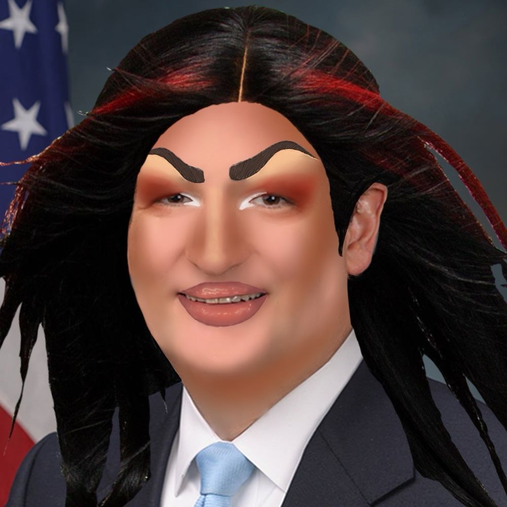 A headshot of Raphael “Ted” Cruz, and United States Senator representing Texas. Raphael is a middle aged white man in a suit and a blue necktie. His makeup placement is in the style of drag queen Shea Coulee, with triangular contour regions and arched brows. He is wearing a straight black wig with a red money piece. 