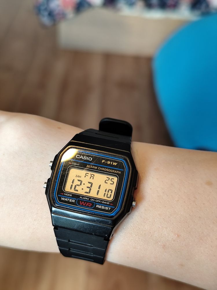 Casio f91w on my wrist, with a couple of small scratches