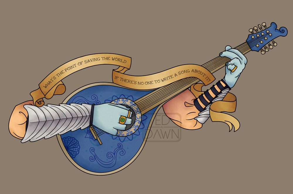 A drawing featuring Dorian Storm's hands, playing a lute. The lute is blue with delicate filigree, and a banner wrapped around it. The banner reads "What's the point of saving the world if there's no one to write a song about it?" 