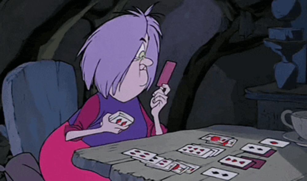 a cartoon character with purple hair playing cards