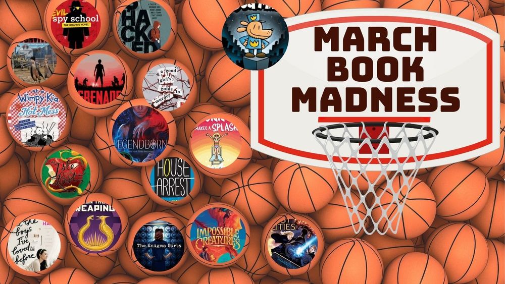 Basketball backboard and net with the words March Book Madness accompanied by basketballs with images of book covers on them.