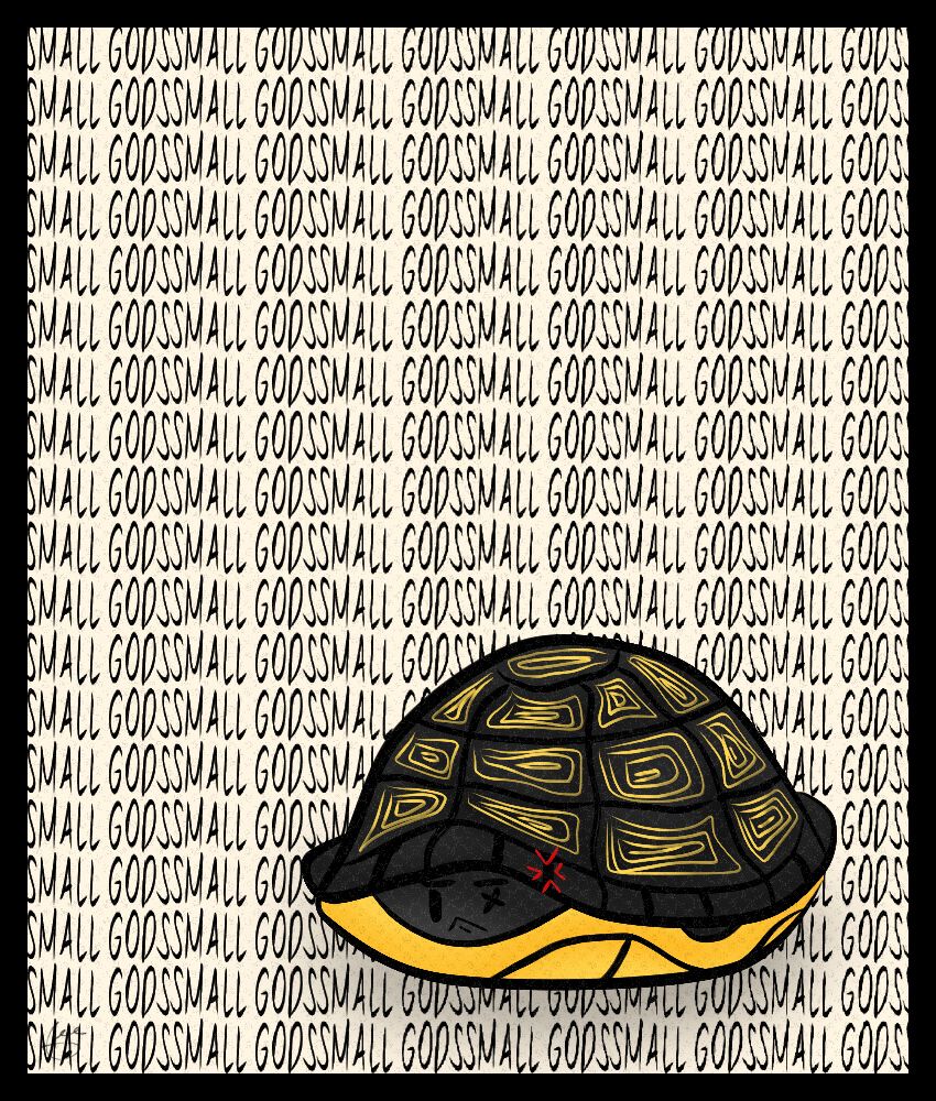 A digital fanart based on the Discworld novel Small Gods by Terry Pratchett featuring an angry Om inside his shell.