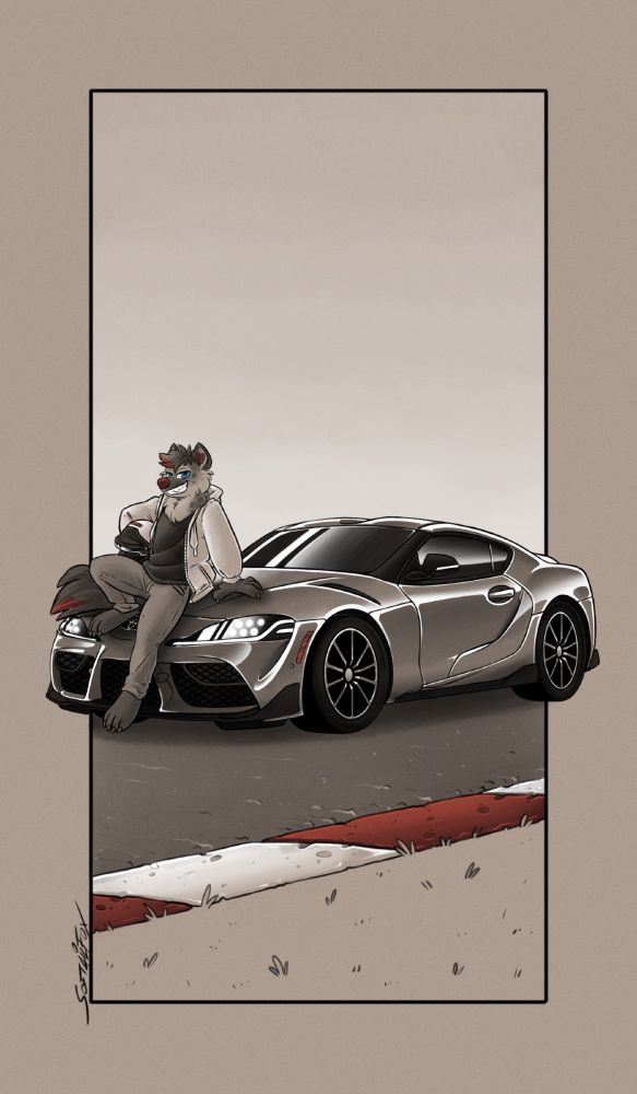 a tall box of a hyena wearing a hoodie, t-shirt and jeans, leaning on the hood of their sportscar with a big grin on their face and a racing helmet under the arm.

this drawing is monochrome with 2 accent/spot colors;
- blue (eyes)
- red (sides of road, front car reflector, a bit of floof on the tail tip, nose, inside ears floof, a bit of hair tip)
