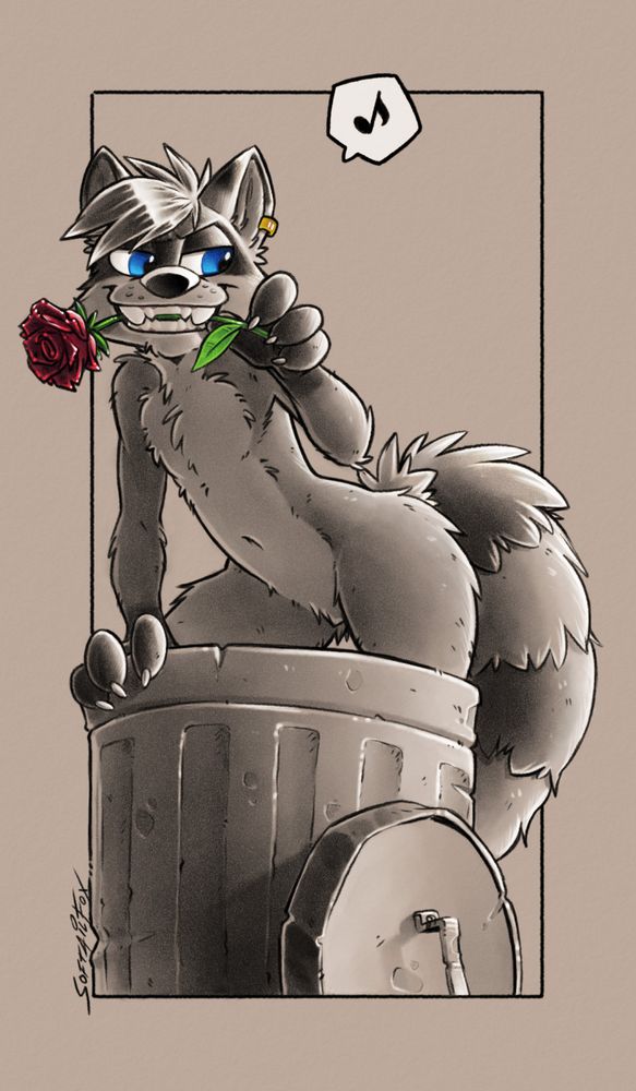 a tall box of a raccoon with a seductive look on their eyes, leaning over a trash bin and holding a rose in their teeth, while whistling (speech bubble note sound effect).

there are 4 colors in this picture;
red - rose petal
green - rose stem
blue - eyes
yellow/gold - earring