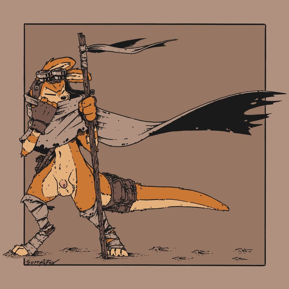 daxter covering his face with a shawl and bracing with a staff against the desert wind. NSFW