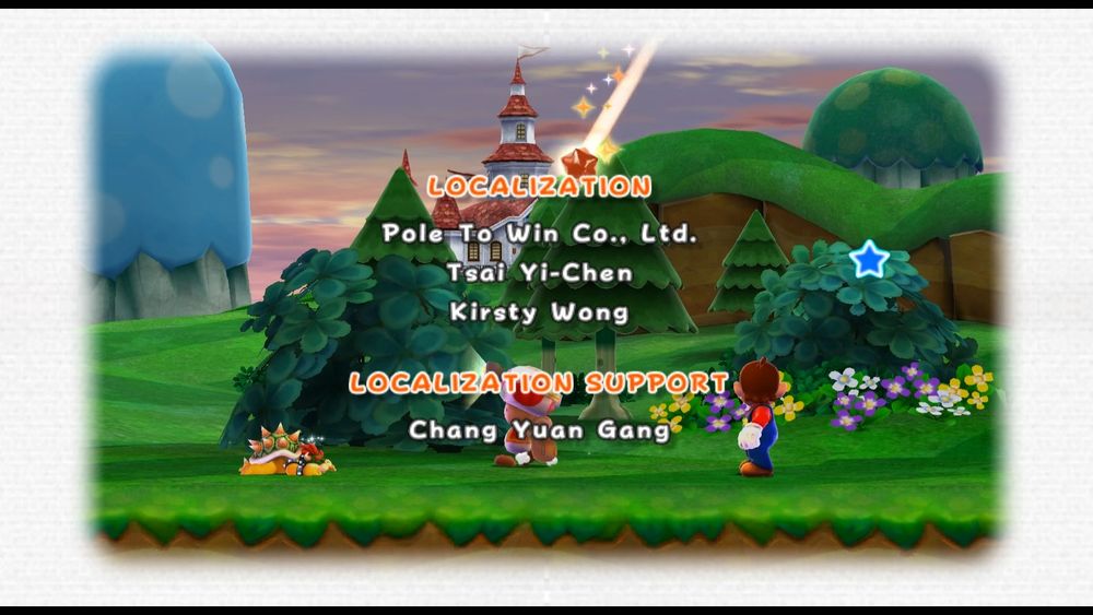 《超級瑪利歐銀河 2》繁體中文版的在地化人員名單。
（翻攝自 iQue Research Group 所公開的 YouTube 影片。）