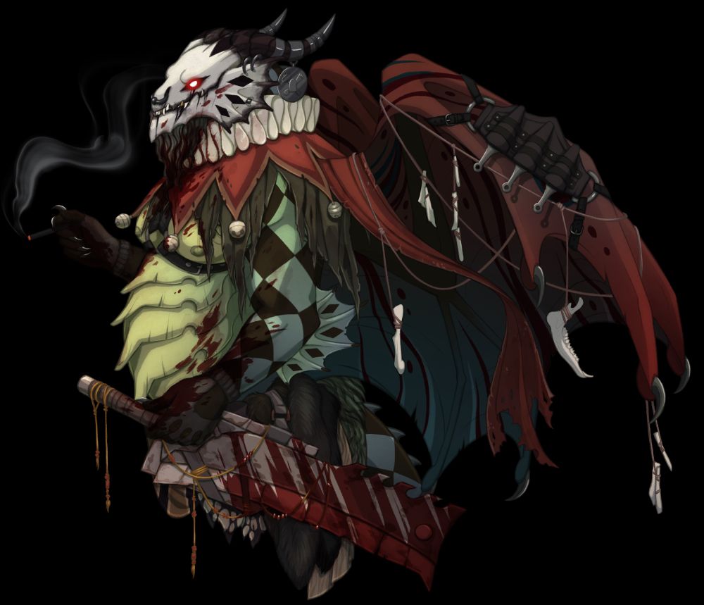 digital character portrait of an anthropomorphic dragon murder clown