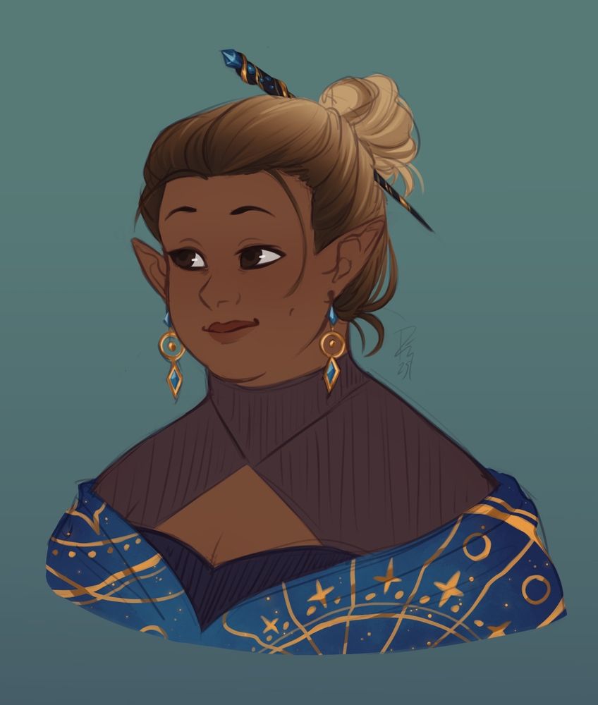 digital sketch of a fat brown elven woman wearing star patterned robes and gold earrings. her wand is stuck in her hair, holding her bun in place. she's smirking in amused skepticism at something out of frame.