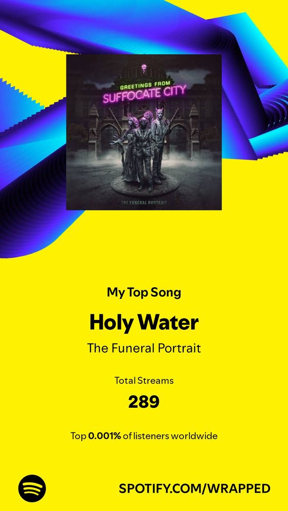 The user's top song from Spotify Wrapped. It was Holy Water by The Funeral Portrait. They played it 289 times despite finding it in November. This puts them in the top 0.001% of listeners.