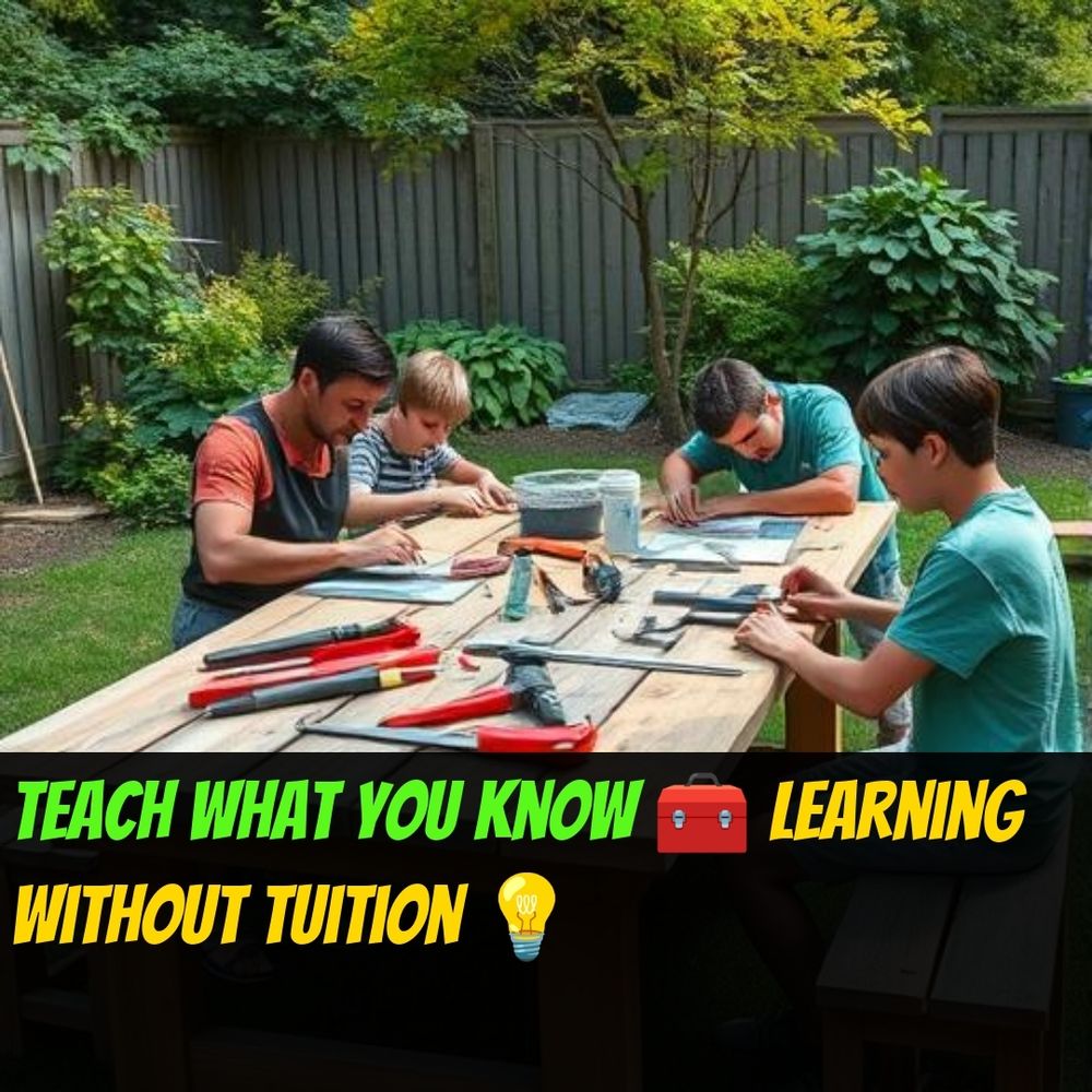Backyard table with tools and a small group learning together, daytime, candid lifestyle, no text, no graphic overlays