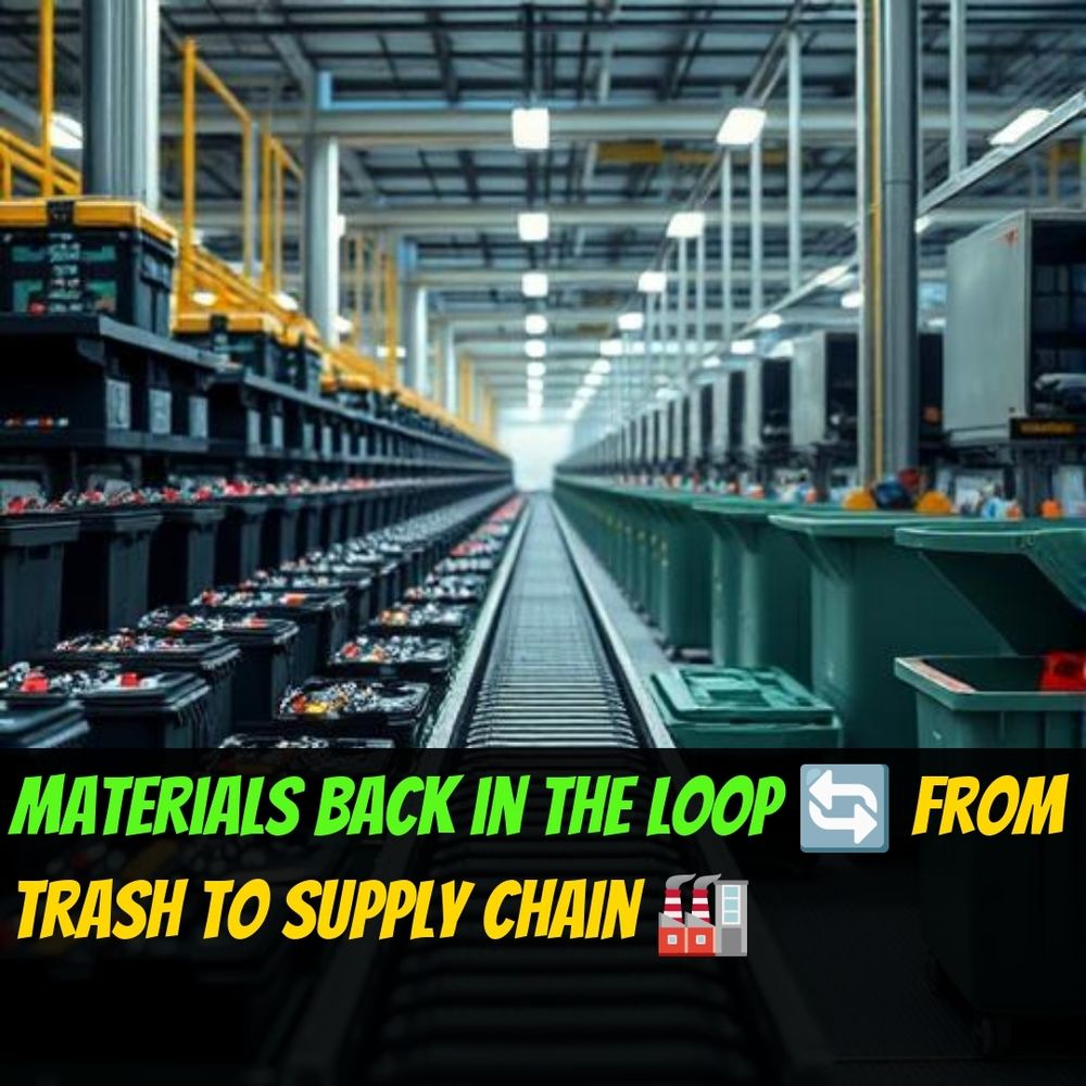 Industrial battery recycling facility with conveyor and collection bins, high‑contrast factory lighting, engineering editorial, no text, no graphic overlays