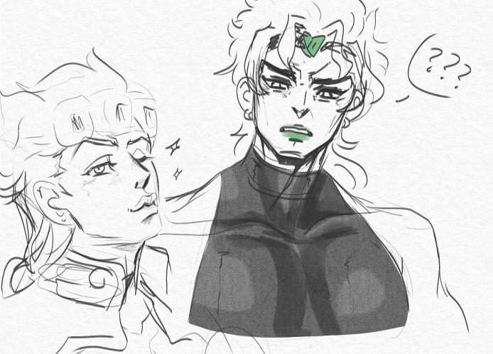 Giorno Giovanna winks and looks 'pretty' towards the viewer/camera. 

DIO, standing next to him, does not understand what is happening or why Giorno's acting like that.
