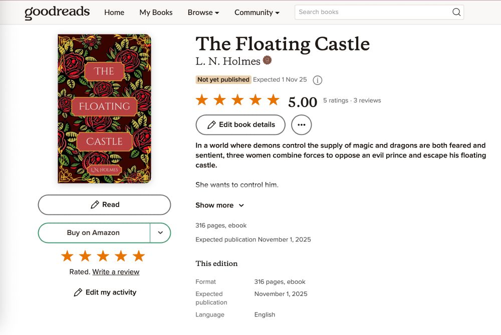 Image is of THE FLOATING CASTLE Goodreads listing, showing the mock cover for the book.