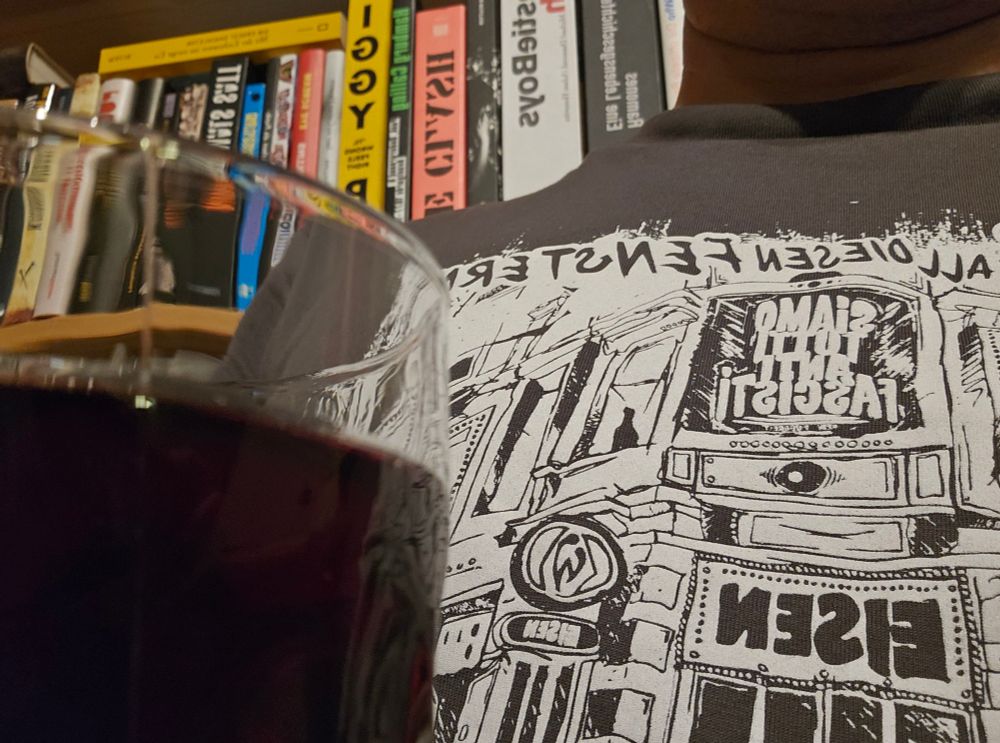 Zu sehen sind ein Glas Rotwein, eine Person mit einem grauen T Shirt der wunderbaren Eckkneipe "Eisen" in Bremen. Im Hintergrund ein Bücherregal. 