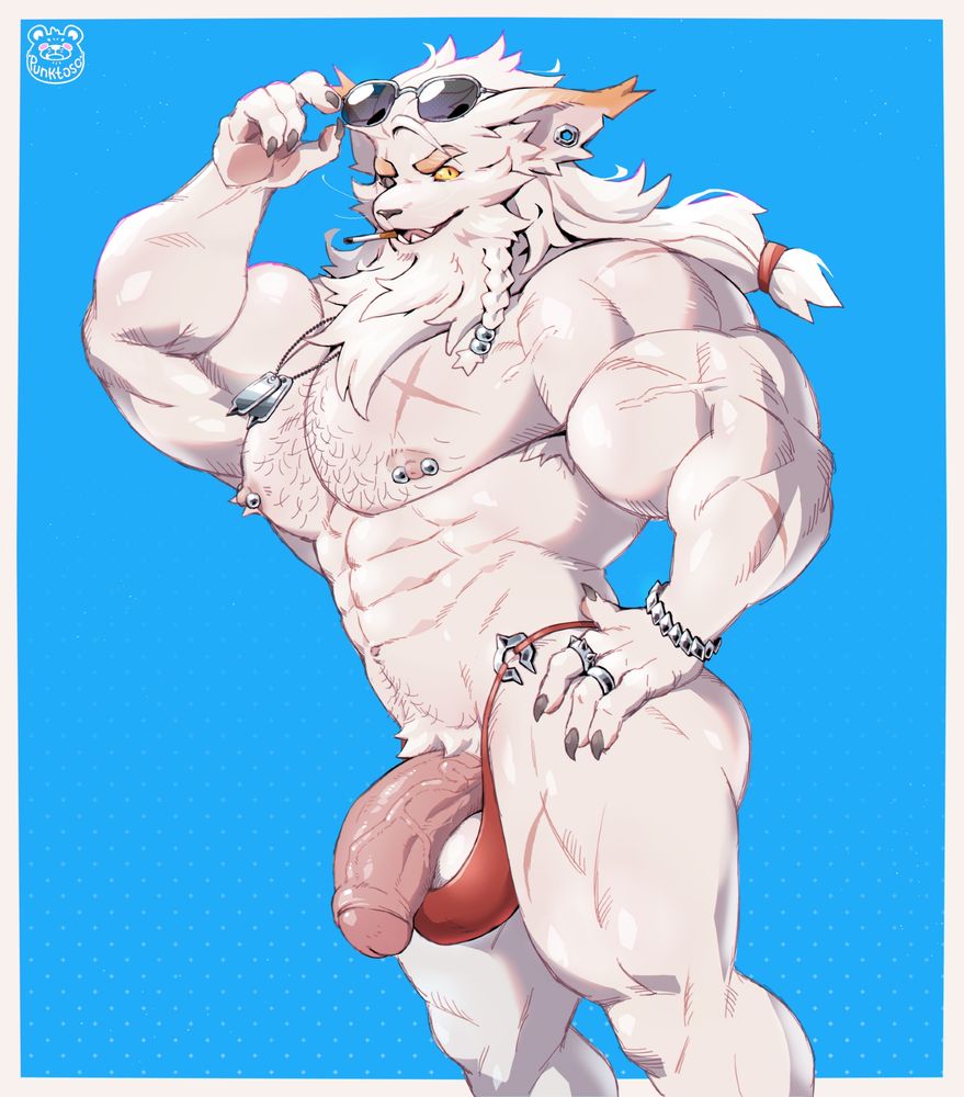 Artwork featuring a Bara Kled from League of Legends, showcasing his muscles under the blue sky, adorned with silver jewelry and sunglasses, while wearing only a small g-string that barely contains his balls, let alone his dick.