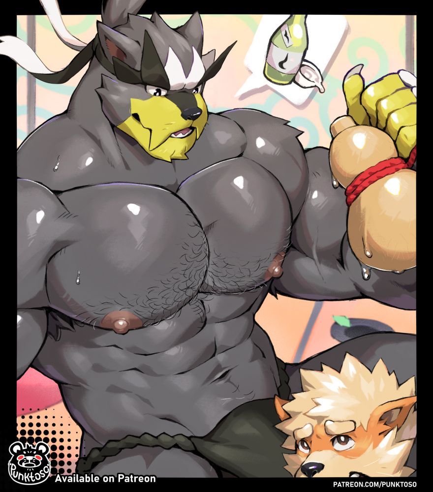 A Punktoso Patreon teaser artwork featuring a bara anthro Urshifu being served by an anthro Arcanine.