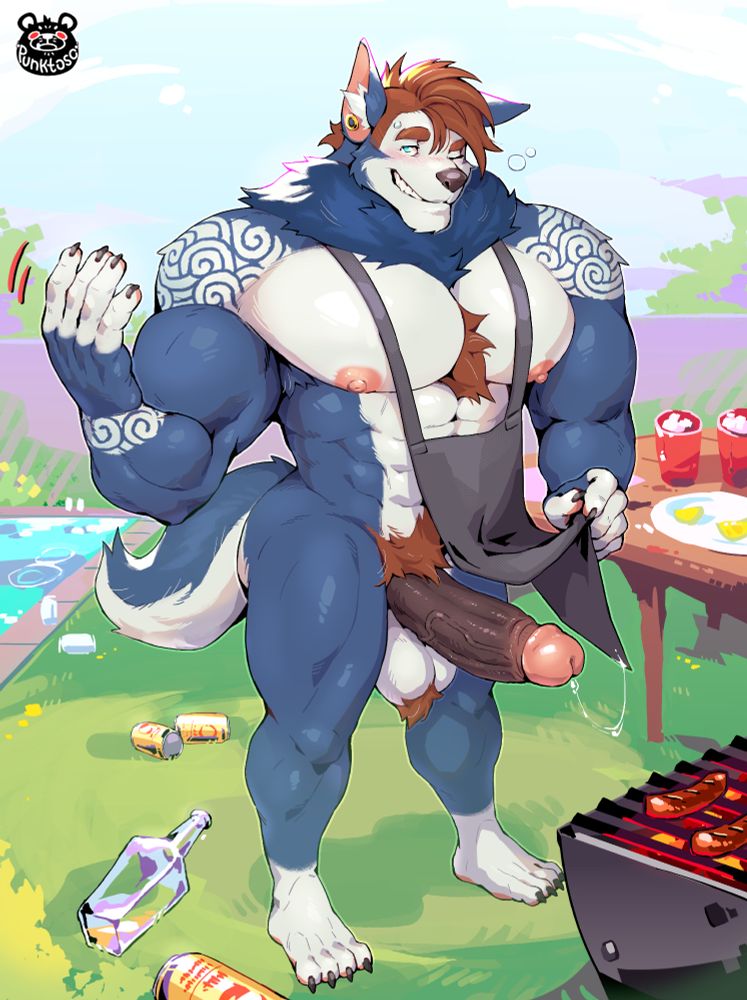 Commissioned work featuring drunken Kaizer at a barbecue party lifting his apron to reveal his hard cock. 