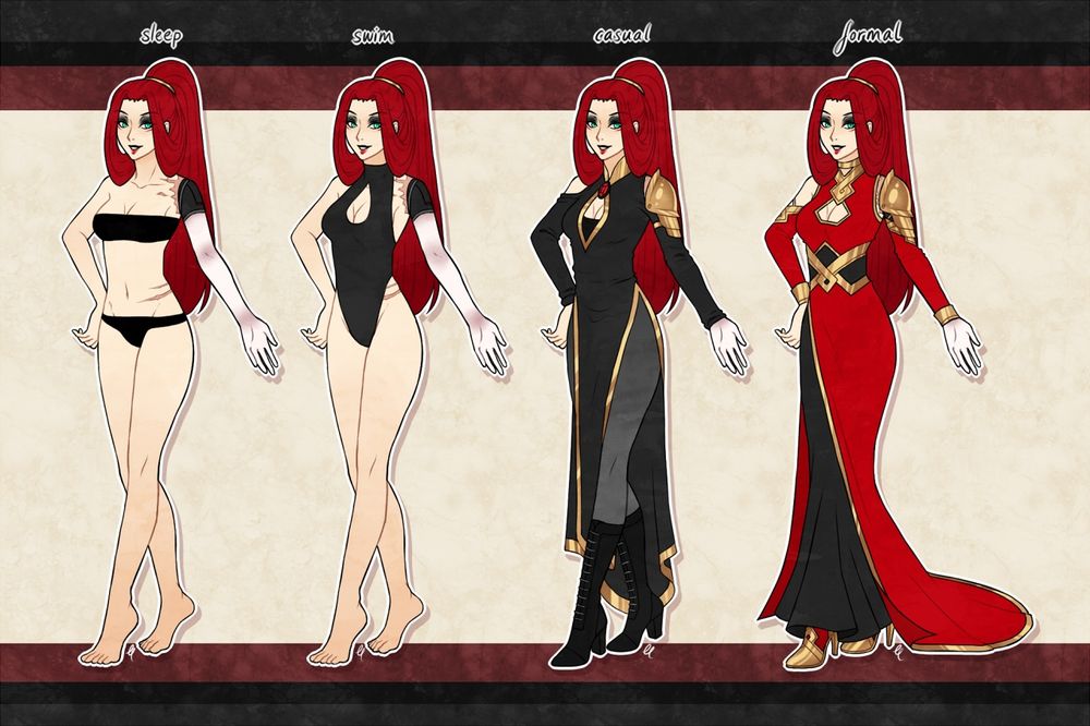 A clothing reference sheet for my OC, Jixsei. It includes four outfits, sleep, swim, casual, and formal.