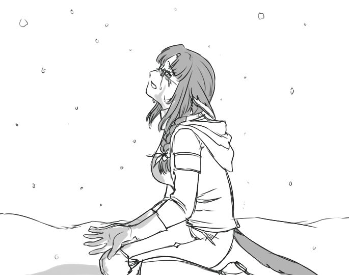 A simple sketch of my OC Viessi kneeling in the snow with her palms upward as she cries, looking into the sky.