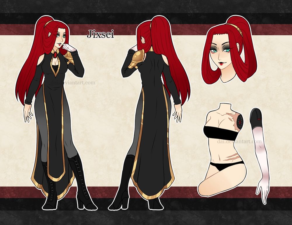 An older reference sheet for my OC, Jixsei. One close-up includes that she has a prosthetic arm.