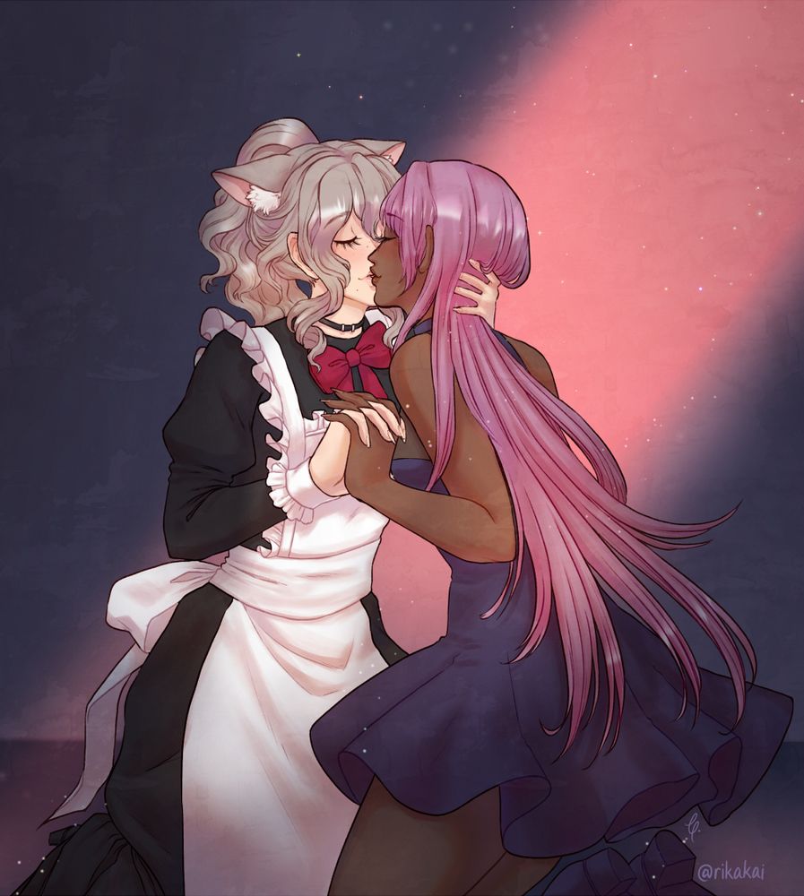 An illustration of two girls kneeling in a gentle embrace. The left character, a cat-eared maid gently holds the right character's long pink hair behind her head. Their other hands are lightly interlocked.
