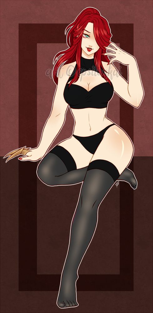 A full-body of a red-headed woman, Jixsei, wearing only underclothes and thigh-high stockings.