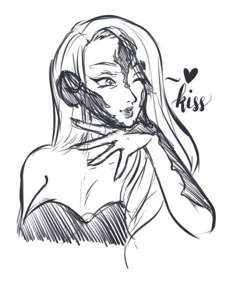 A rough sketch of my OC, the Nightmother, blowing a kiss off-screen.