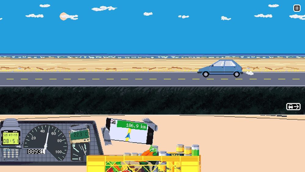 Heat Retreat's travel scene, using the coast highway background and featuring the blue hatchback vehicle option and its dashboard. As a work in progress it's lacking any detail, but has the "widgets" placed and bespoke speedometer & fuel gauge working