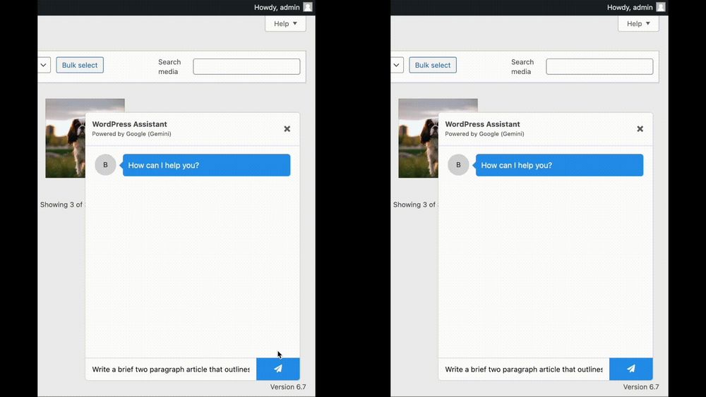 This GIF shows a side-by-side comparison of the plugin's built-in AI chatbot, one using regular text output all at once and the other one streaming the text output. The streaming one starts showing the response quite a bit faster.