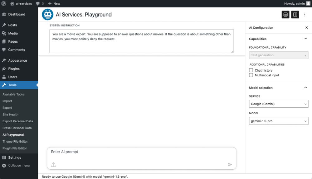 Screenshot of "AI Services: Playground" WordPress administration screen, using a similar layout as the Gutenberg editor. It allows to select an AI service and a model, provide a system instruction and then send prompts to the model using a chat-like UI.