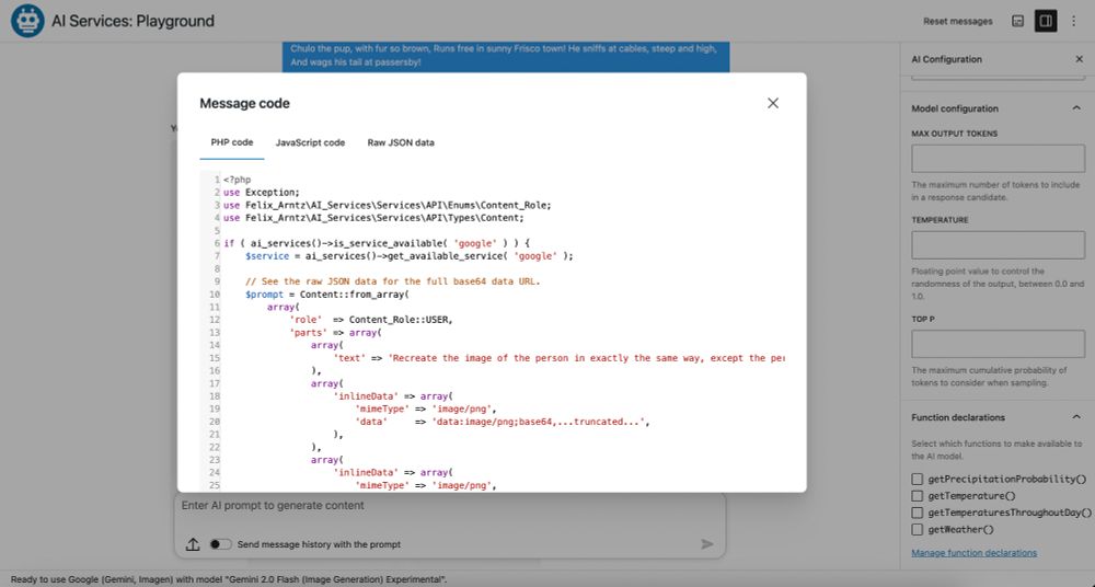 Screenshot of the AI Playground code modal showing PHP and JavaScript code for the current prompt and configuration, for you to copy and paste into your own plugin's codebase