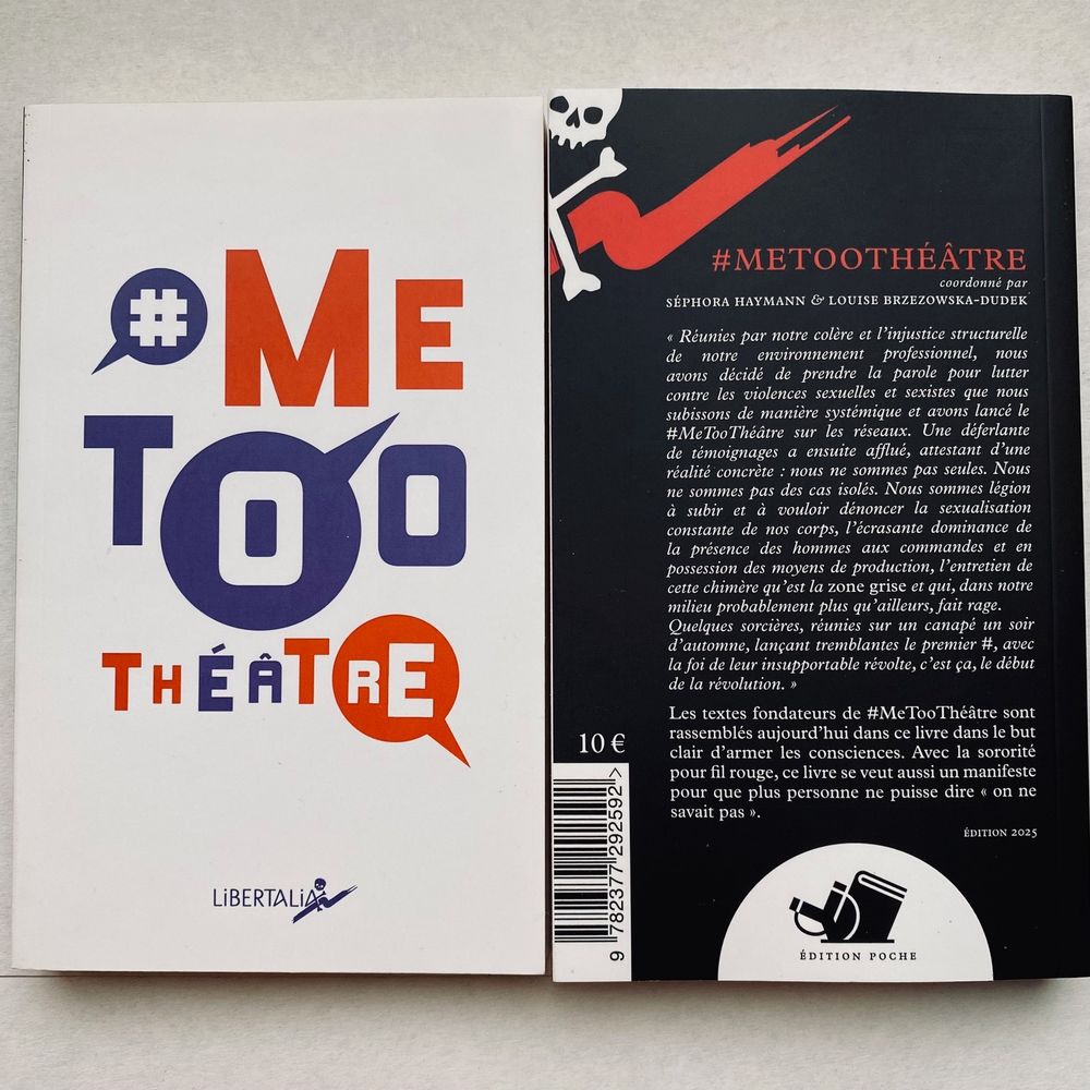 Sur la photo, on voit les visuels de première et quatrième de couverture de la nouvelle édition augmentée du livre-manifeste sur le #MeTooThéâtre.