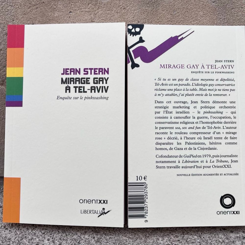 Sur ce visuel on a la couverture et la 4e de couverture de la nouvelle édition de Mirage gay à Tel-Aviv de Jean Stern. Couverture crème et drapeau arc-en-ciel.