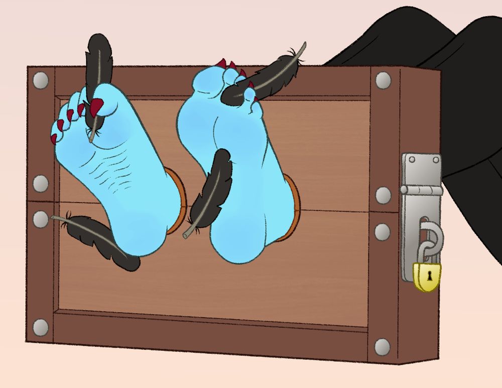 A pair of devilish feet getting tickled by feathers.