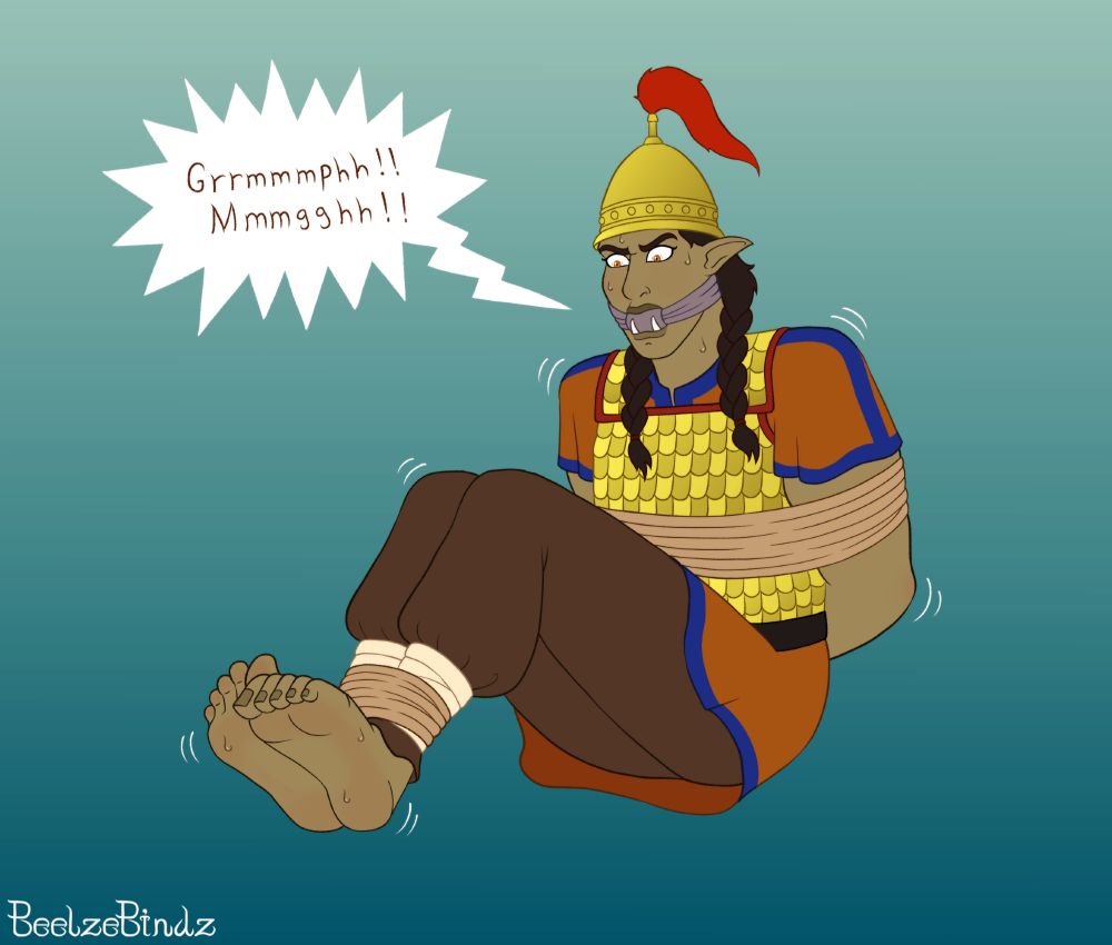 Trussed up and cleave gagged orc woman struggling against her binds.