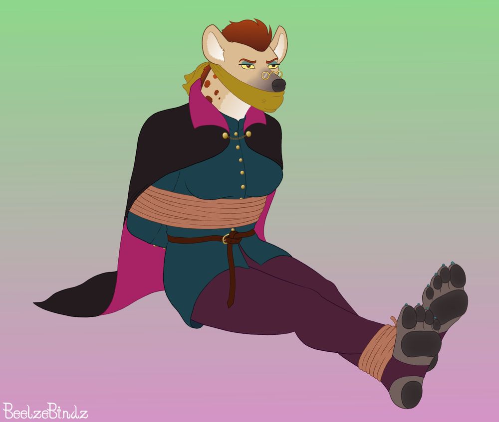 A spotted hyena wizard is tied up with ropes and gagged with a cloth over her mouth. She is wearing a pair of stirrups, a shirt, a cape and some glasses. 