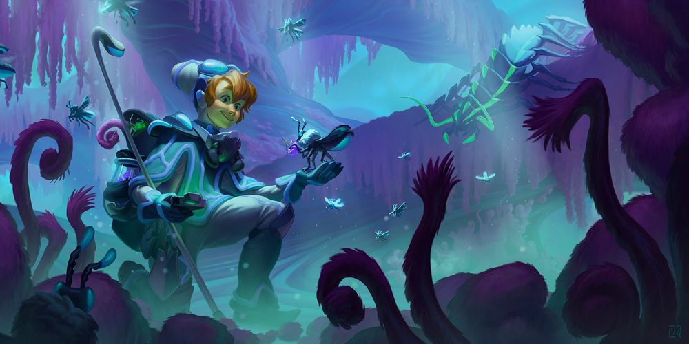 An illustration of a botanist/entomologist kneeling in a dense alien forest. There are many bioluminescent sci-fi plants and bugs surrounding the character. The botanist has fed some berries to an insect perched on their hand. There is an ominous centipede-esque creature looming in the background