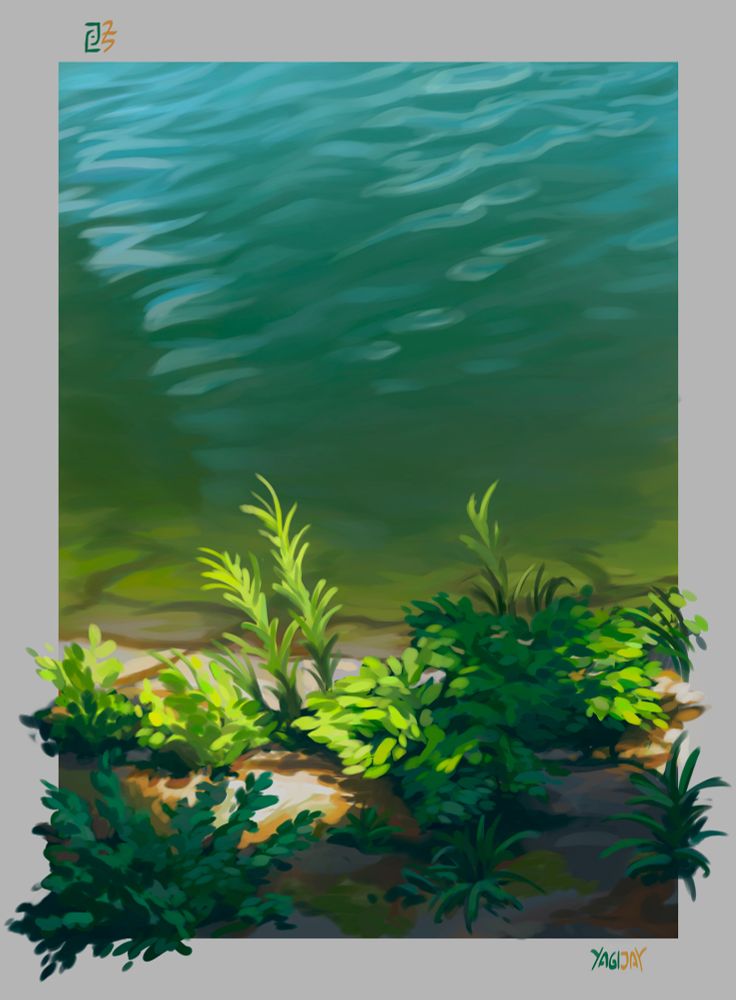 Painting study of a stone bank overgrown with plants meeting the edge of a water reservoir